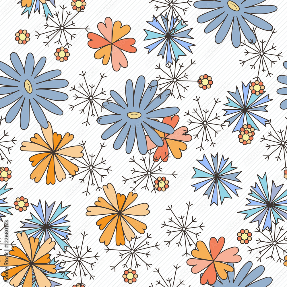 Fototapeta premium Doodle seamless pattern with various doodle flowers, leaves and branches.