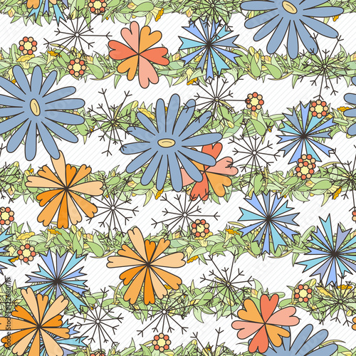 Doodle seamless pattern with various doodle flowers, leaves and branches.