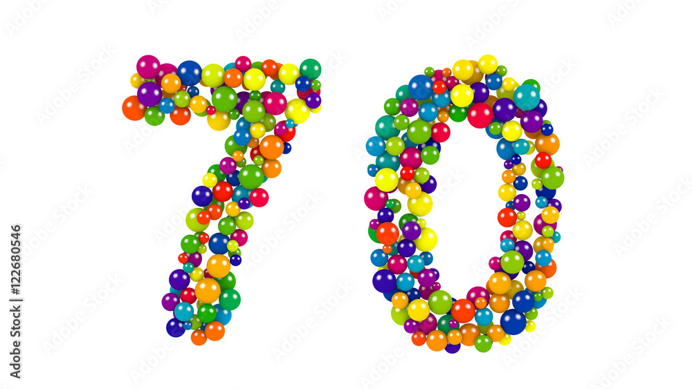 Number 70 as colorful balls over white background
