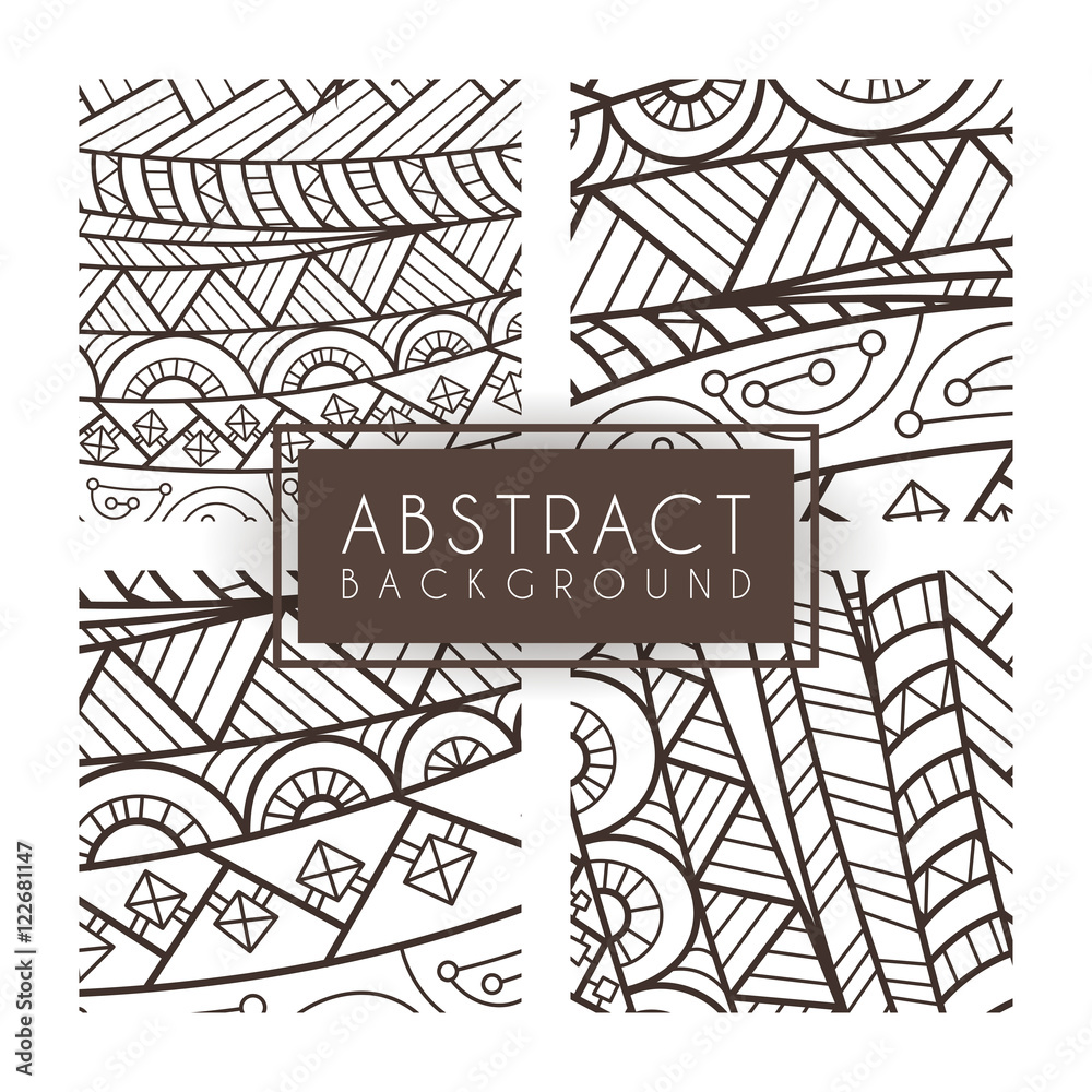 Set of four vector monochrome intricate patterns. Doodle. Zentangle. Monochromatic