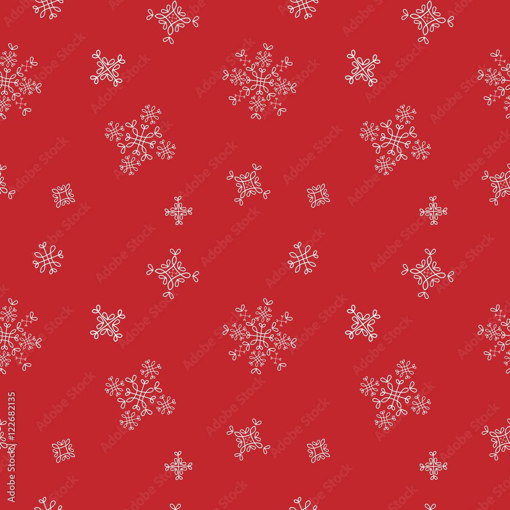 Snowflakes seamless vector pattern. Red snow christmas background for wrapper.