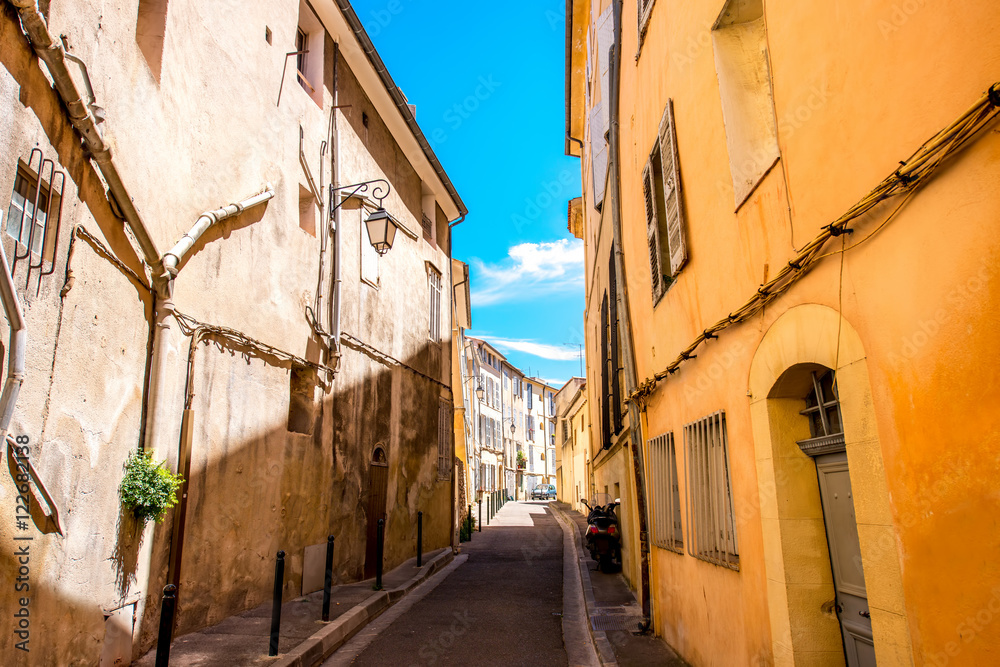 View on the narrow street in the old city center in Aix-en-Provence in France