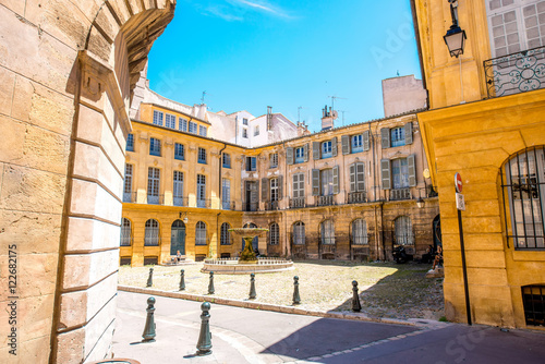 Albertas square with beautiful old fountain in Aix-en-Provence old town in France. French architecture in Provence photo