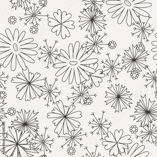 Doodle seamless pattern with various doodle flowers, leaves and branches.