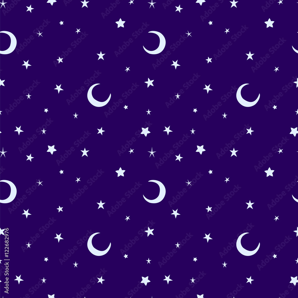 Silver moon and stars sky print seamless pattern.