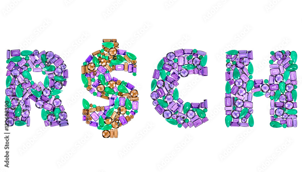 Word Rich Dollar sign. American currency. Finance concept. Fashion Design Gemstone. Fashion luxury glamor colorful placer. Success Lucky. Money decoration. Creative Party decoration. Art background.