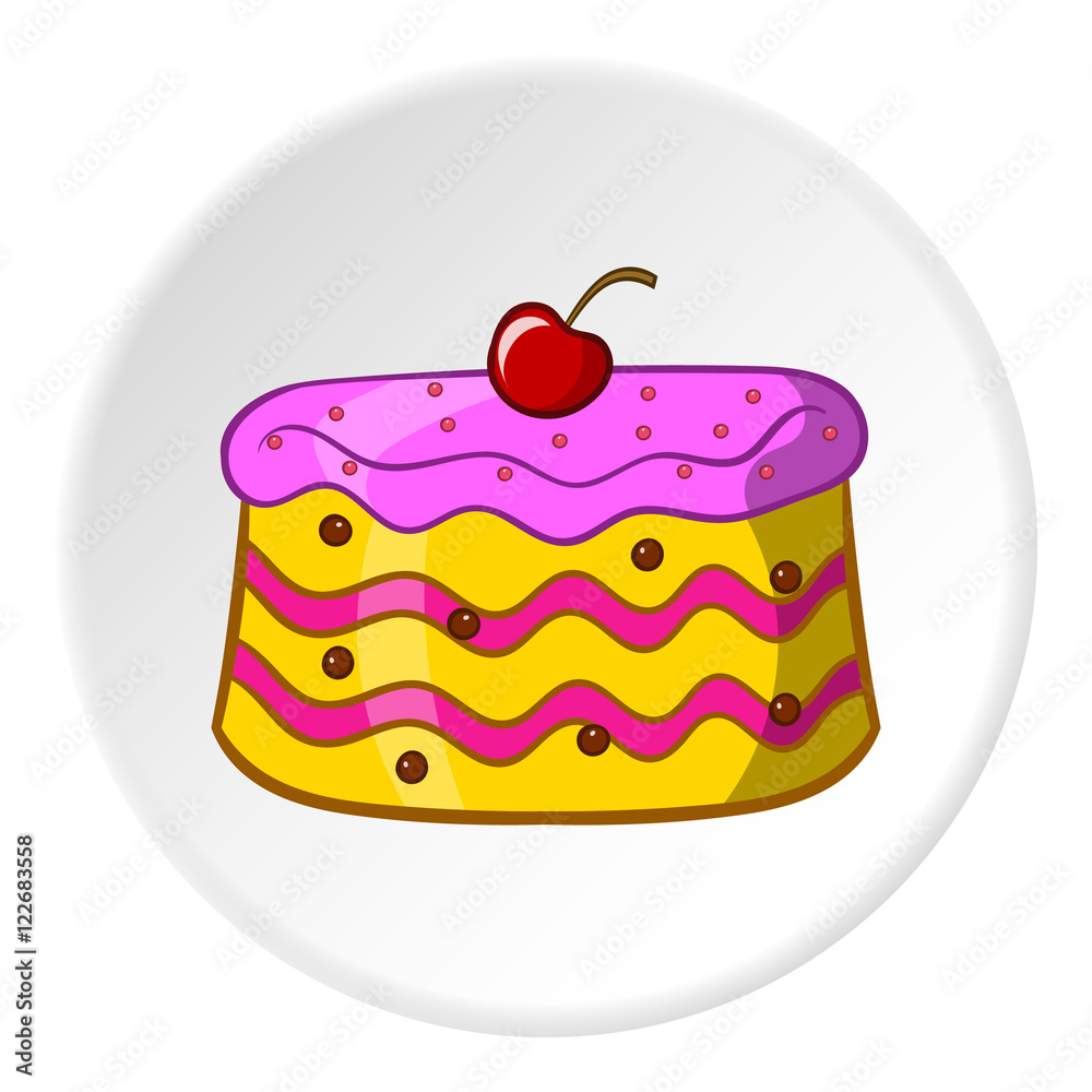 Cake icon in cartoon style isolated on white circle background. Food symbol vector illustration Cake icon in cartoon style isolated on white circle background. Food symbol vector illustration