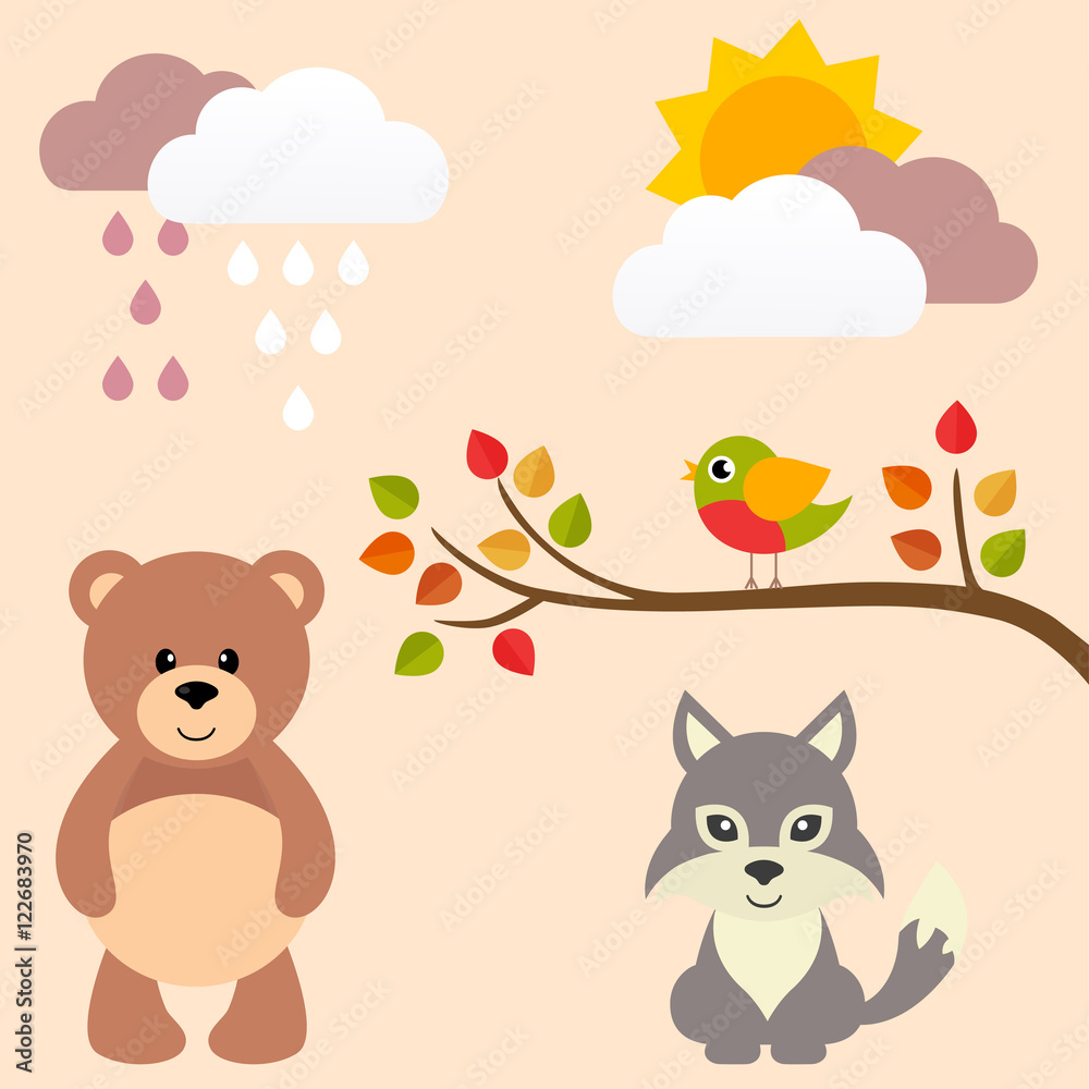 autumn birds on a branch and bear and wolf