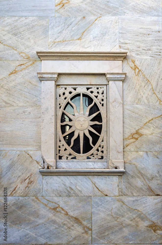 Architectural detail of a Catholic church in Ermoupolis, Syros island, Cyclades, Greece