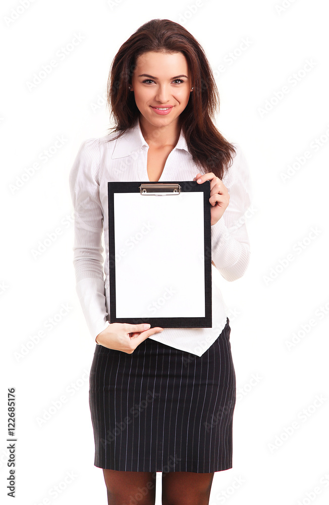 Beautiful Hispanic business woman with blank page on clip board Beautiful Hispanic business woman with blank page on clip board
