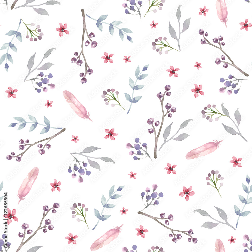 Vector seamless pattern with pink watercolor flowers and grey leaves. Floral  Background design. Stock Vector | Adobe Stock