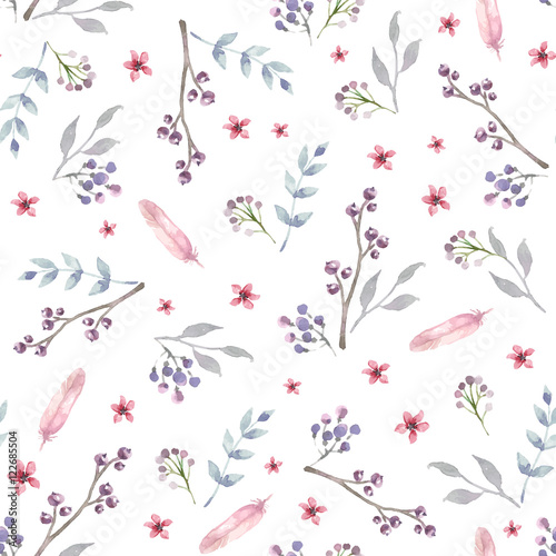 Vector seamless pattern with pink watercolor flowers and grey leaves. Floral Background design.