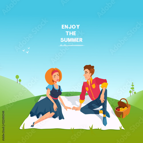 Romantic date couple picnic on meadow.