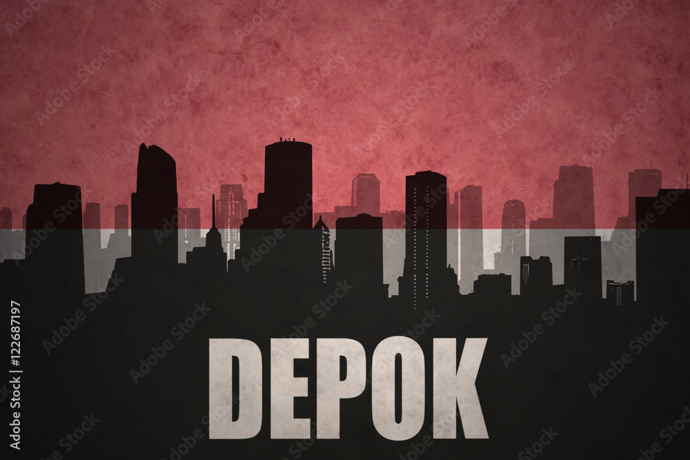 abstract silhouette of the city with text Depok at the vintage indonesian flag background