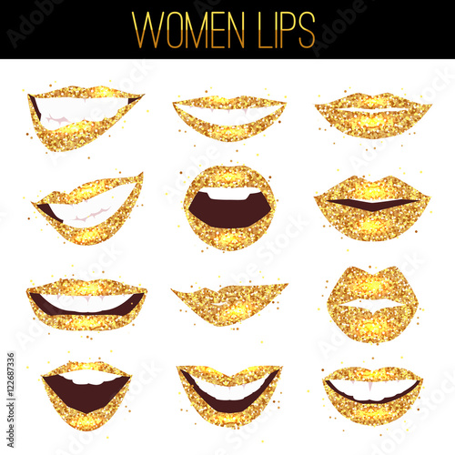 Set of gold fashion female lips. Shape of womans lips flat icons isolated on white background.