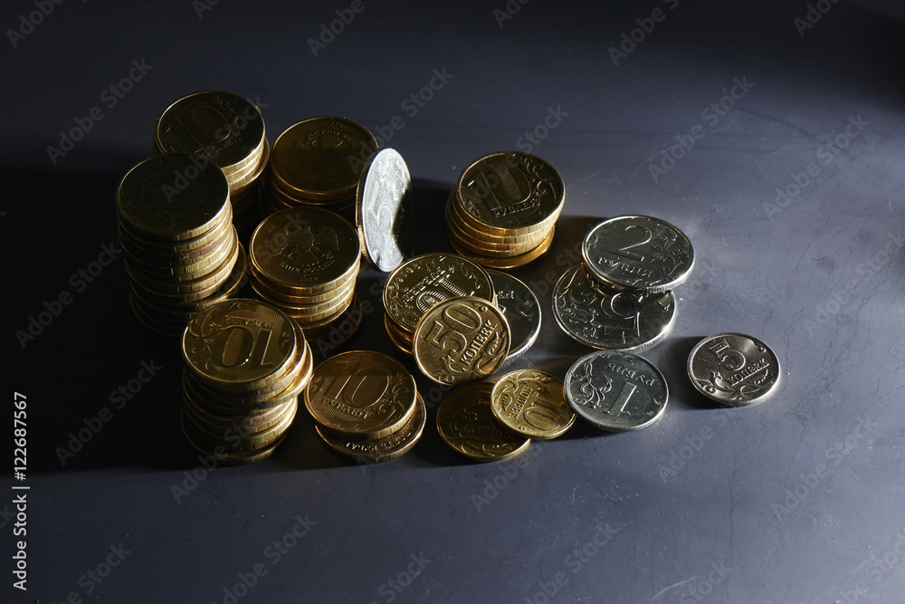 Russian iron coins lay on the dark surface closeup Russian iron coins lay on the dark surface closeup