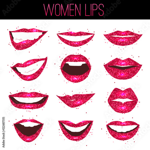 Set of red shiny fashion female lips. Shape of womans lips flat icons isolated on white background.