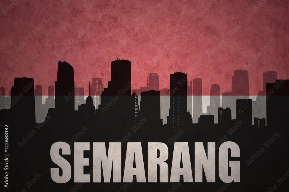 abstract silhouette of the city with text Semarang at the vintage indonesian flag background