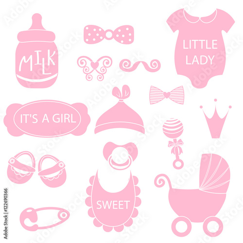 A vector illustration of cute baby girl icons like nappy pins, pacifier and baby toys. pink silhouette Hipster photo booth