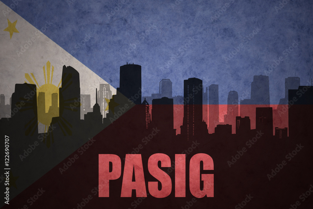 abstract silhouette of the city with text Pasig at the vintage philippines flag background