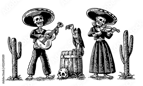Day of the Dead, Dia de los Muertos. The skeleton in the Mexican national costumes dance, sing and play the guitar.