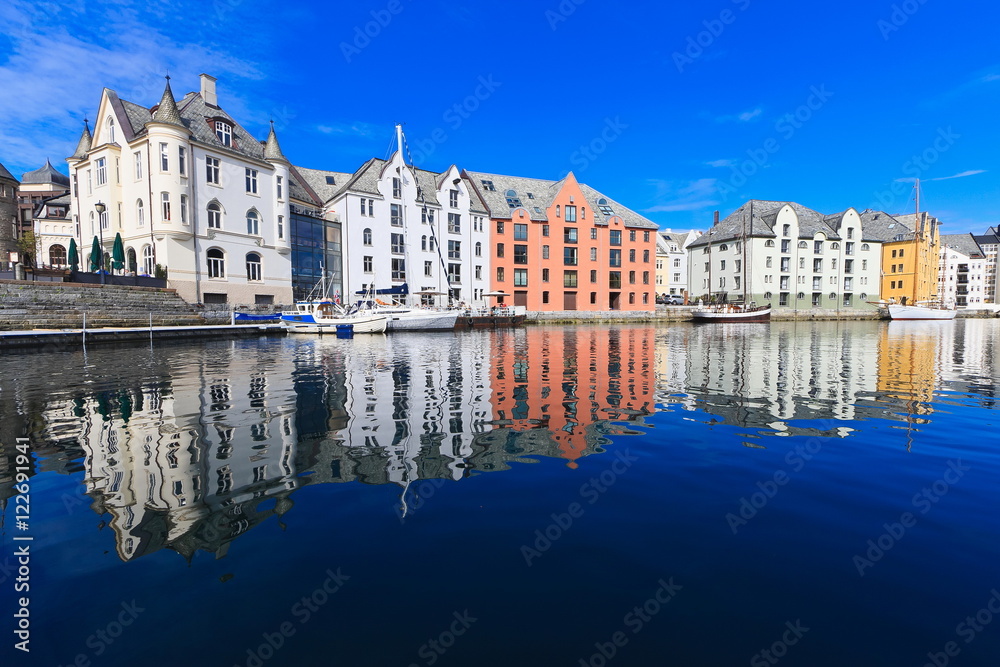 Colorful houses in the center of the Alesund city in the summer, Norway