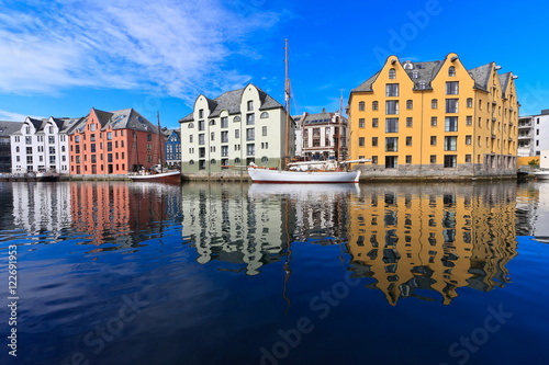 Colorful houses in the center of the Alesund city in the summer, Norway