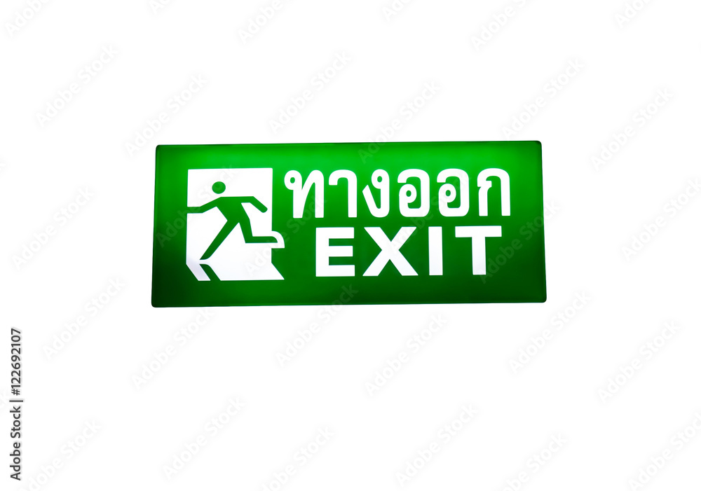 Green emergency exit sign on white background Green emergency exit sign on white background