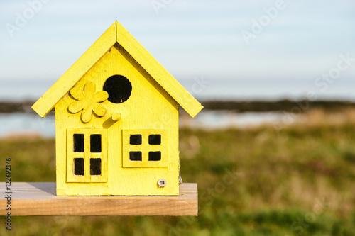 Close up of tiny and colorful wood house. Illustration for Real Estate or Construction © mbruxelle