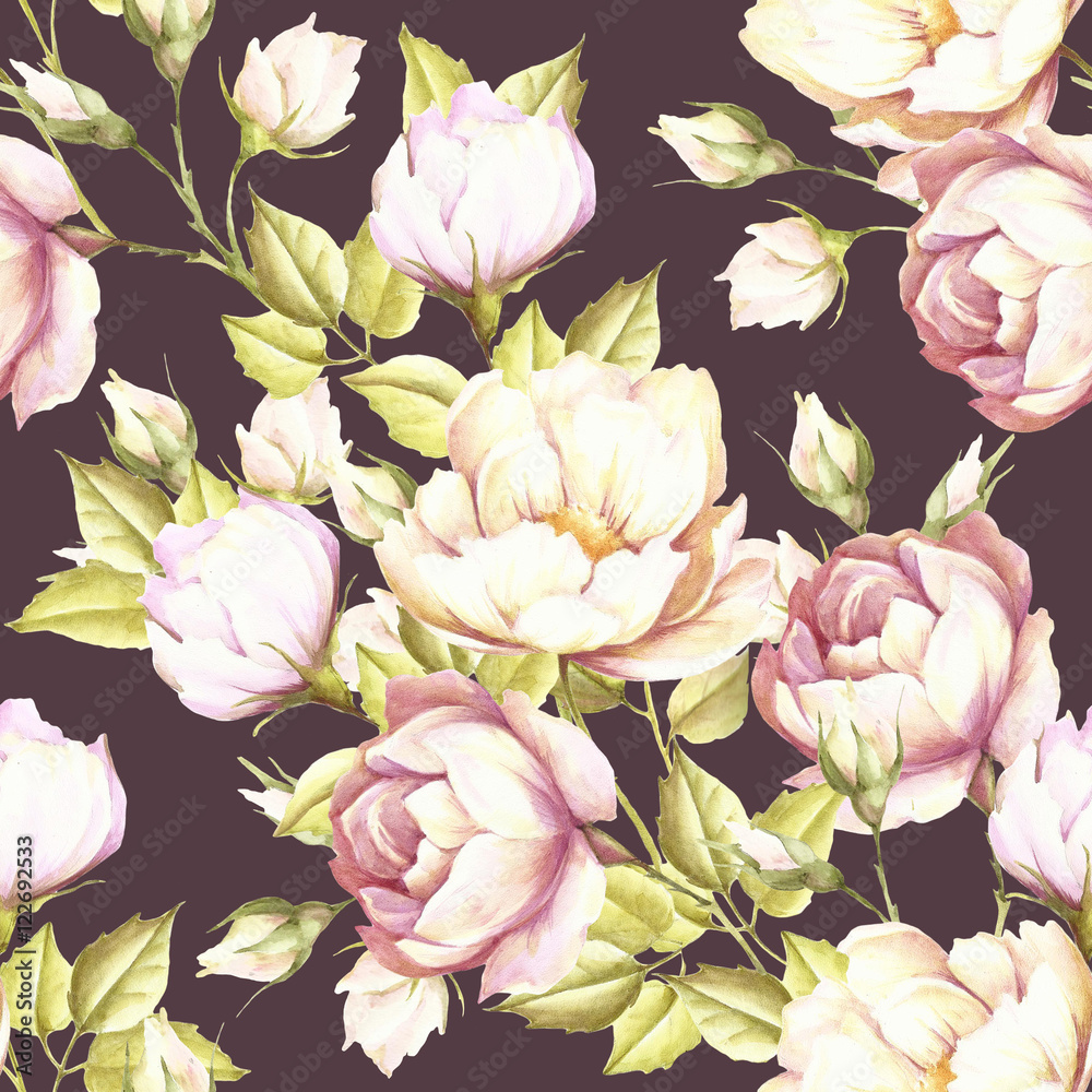 Naklejka Bezszwowy wzór z luksusowymi roses.Hand rysuje akwarelę ilustrację