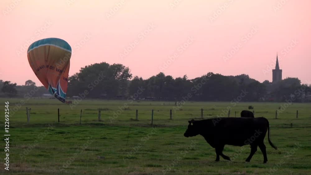 Early evening hot air balloon landed on grassland touched down showing ...