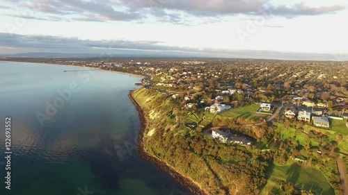 Flight along Olivers Hill and Frankston foreshore at sunset. Melbourne, Victoria, Australia