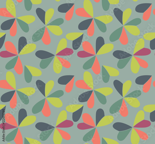 Vector seamless pattern with hearts placed in clover shapes. Flat shamrock imagined colors background. Simple repeating colorful texture.