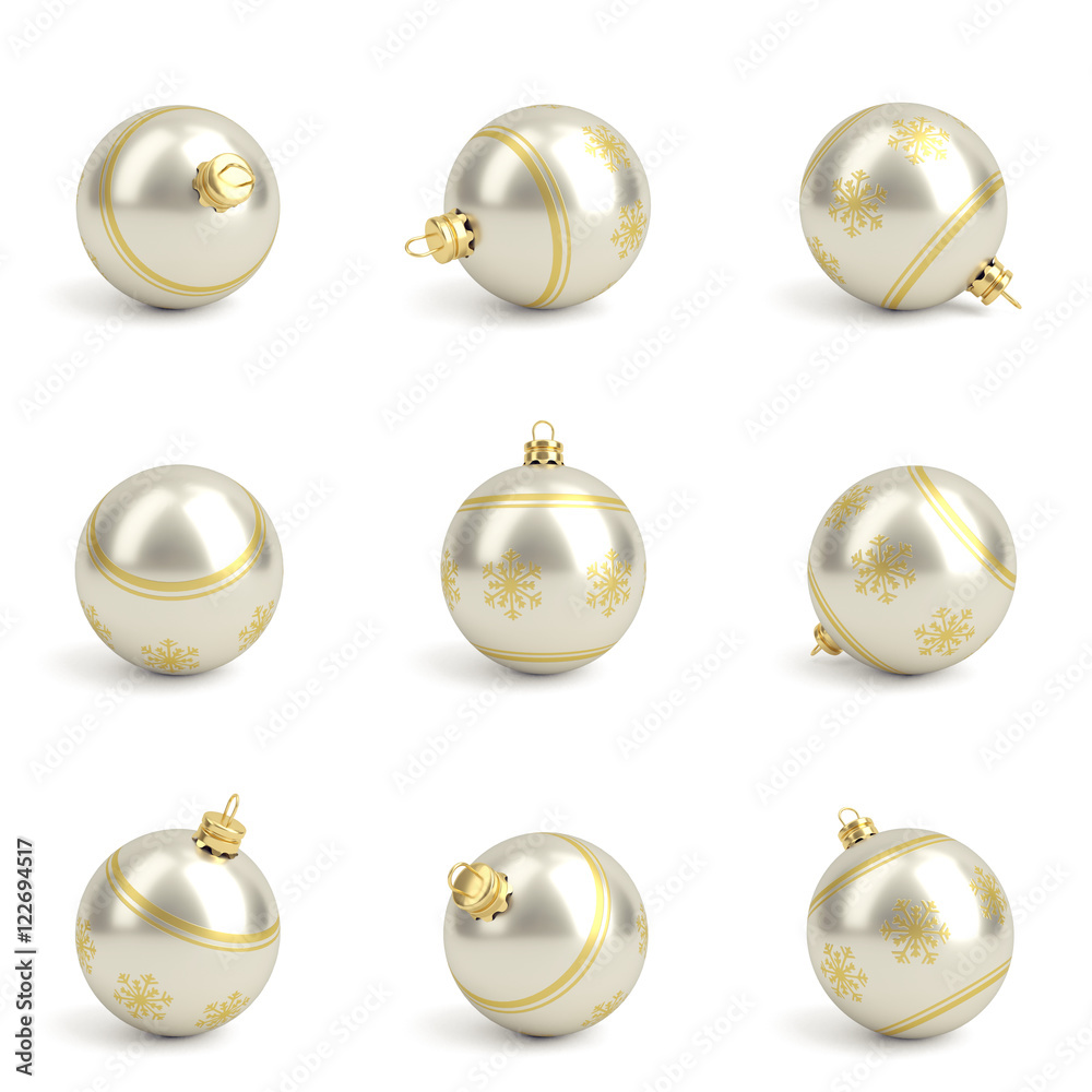Collection of gold silver christmas balls. White isolated. 3D render