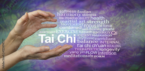 Photos Tai Chi Benefits Word Cloud - female hands cupped around the words TAI CHI surro