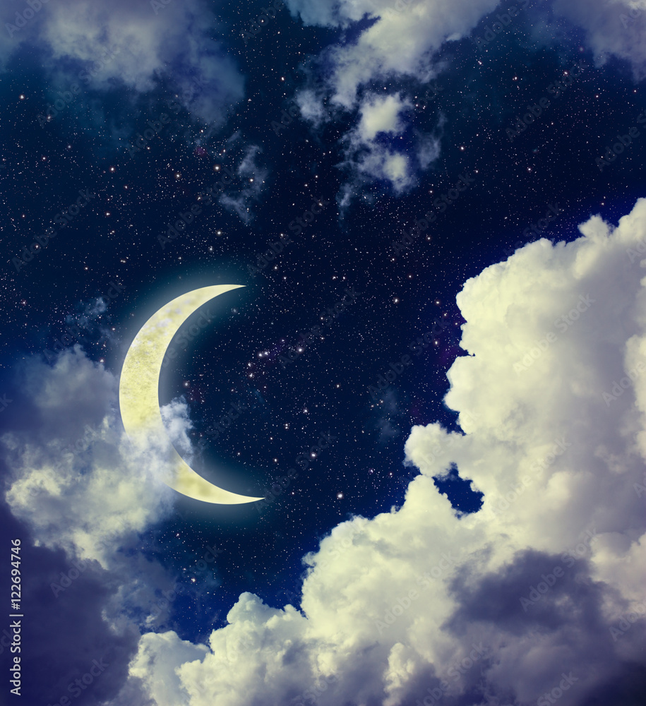 Naklejka premium Dark Sky with Clouds, Stars and Crescent Moon