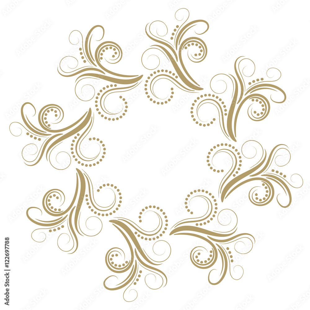 Abstract curly gold frame isolated on white background. Vector illustration.