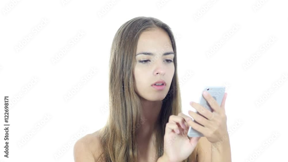 Woman Busy Using Smartphone, White Background Woman Busy Using Smartphone, White Background
