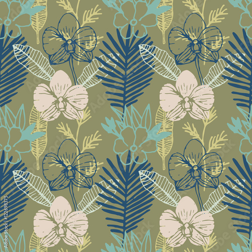 Tropical hand drawn seamless pattern with Frangipani  Palm leaves  Orchid flower. Jungle forest with paradise flowers  natural floral colorful background. Vector illustration.