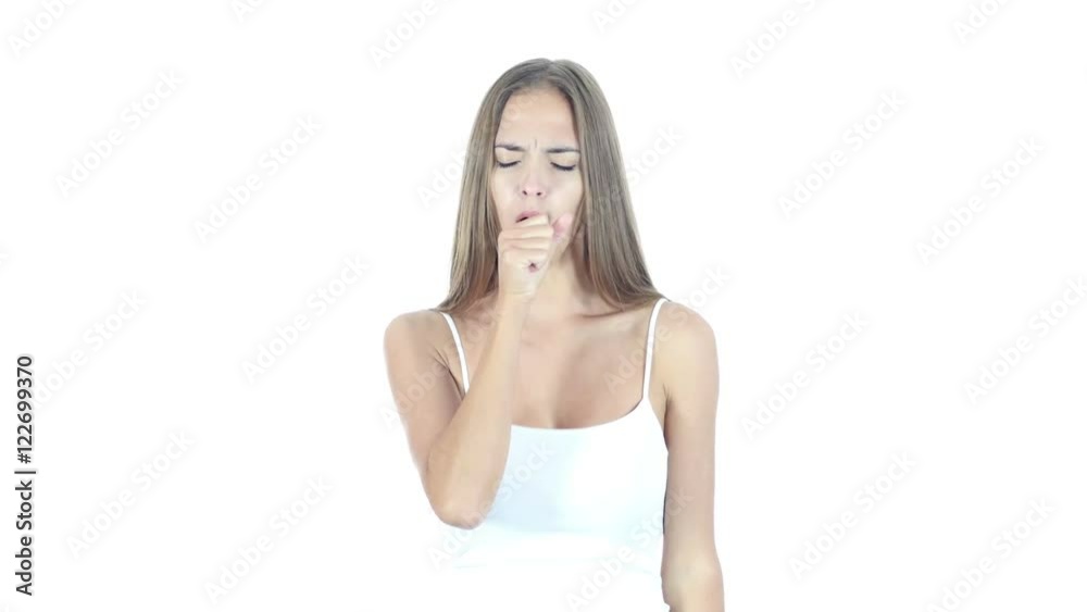 Coughing, Sick Woman Suffering From Cough, White Background Coughing, Sick Woman Suffering From Cough, White Background