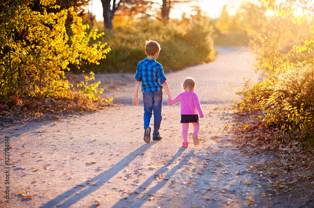 Little boy goes by the handle with his sister in a sunny autumn forest Little boy goes by the handle with his sister in a sunny autumn forest