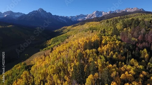 Aerial drone view of fall colors in the Colorado Rockies with Aspen Trees