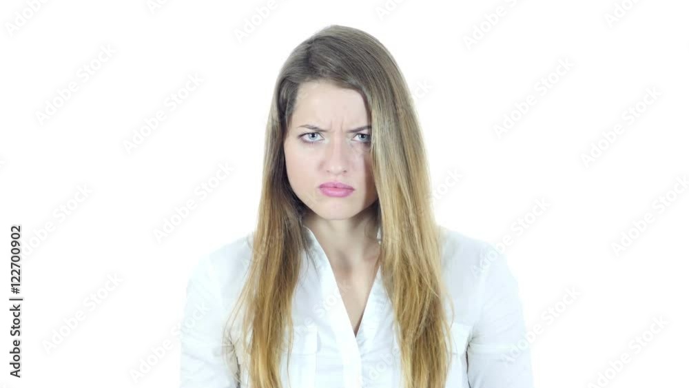 Middle Finger, Angry Woman shows Fuck you Sign, White Background