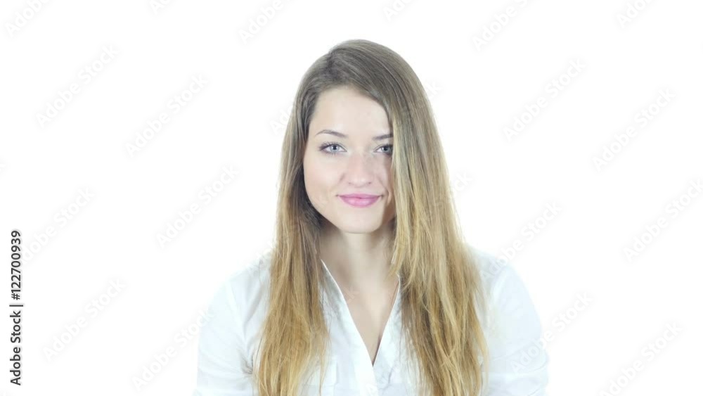 Woman Pointing At Camera, White Background Woman Pointing At Camera, White Background