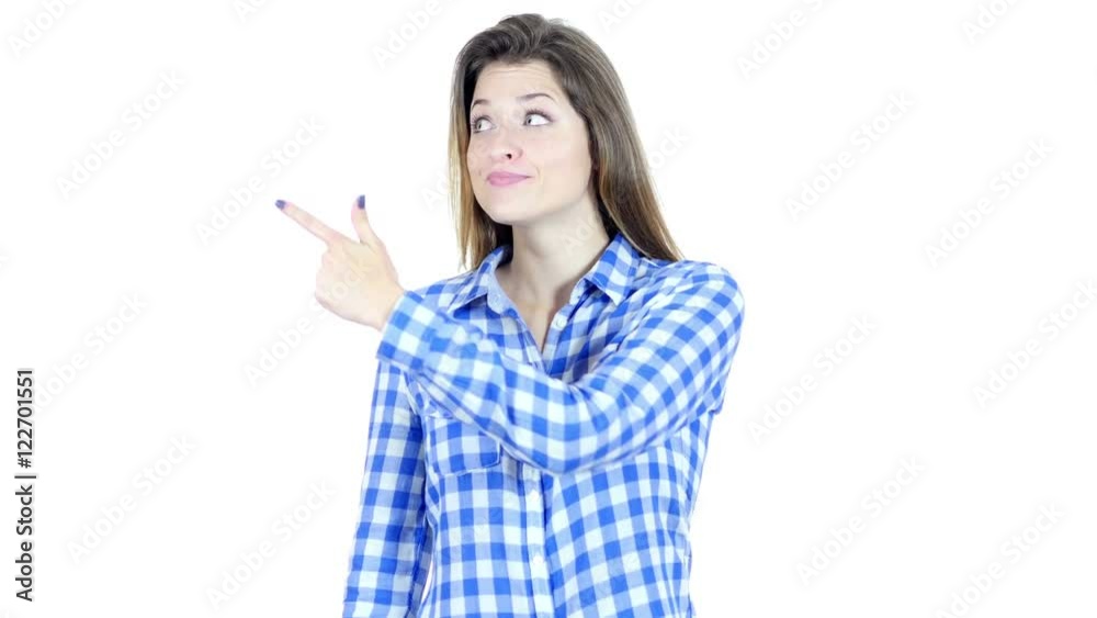 Woman Pointing Showing Product Aside , White Background Woman Pointing Showing Product Aside , White Background