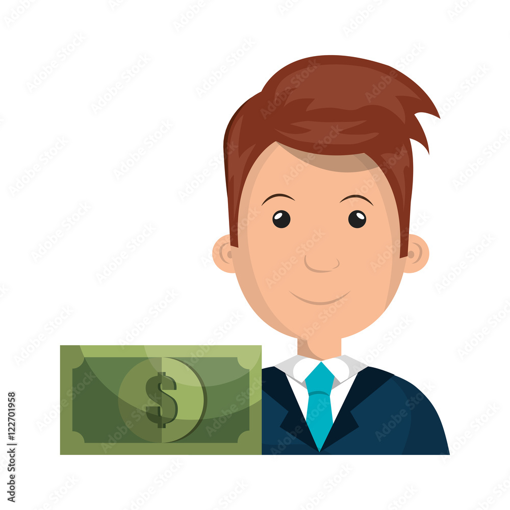 avatar man smiling wearing suit and tie with green bill money item. vector illustration avatar man smiling wearing suit and tie with green bill money item. vector illustration