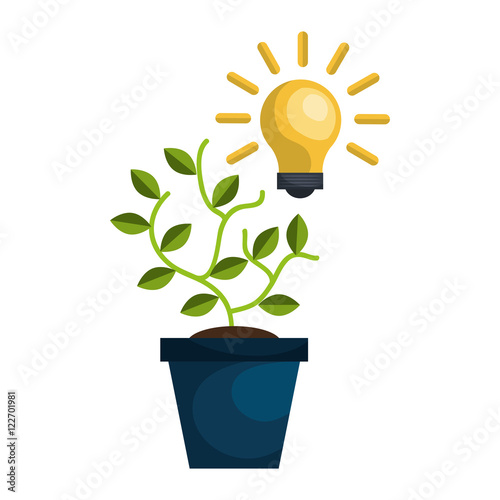 green plant in a pot and bulb light idea. vector illustration