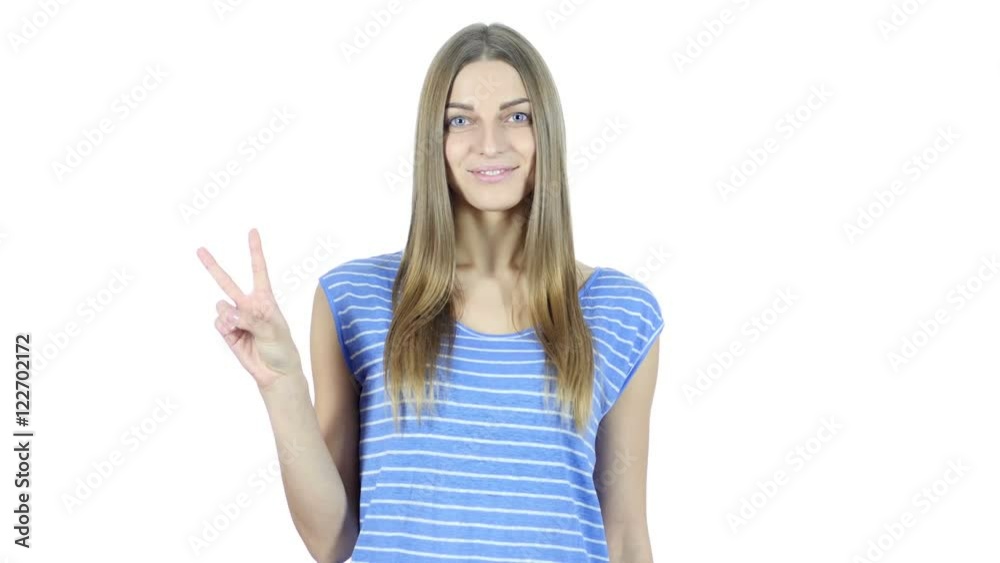 Woman Showing Victory Sign, White Background Woman Showing Victory Sign, White Background