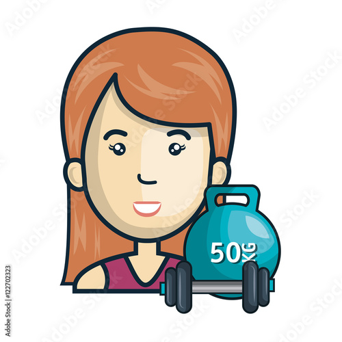 avatar woman cartoon with dumbbells gym equipment. colorful design. vector illustration