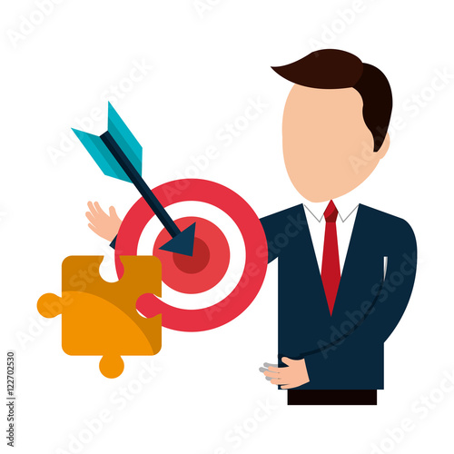 avatar businessman wearing suit and tie with red target and jigsaw yellow puzzle. vector illustration